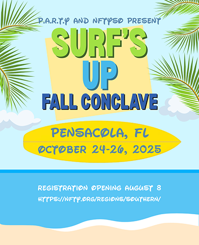 Photo is for an event for NFTY Southern; says "P.A.R.T.Y. and NFTYSO present Surf's Up Fall Conclave, Pensacola, FL, October 24-26, 2025, Registration opening August 8," with palm trees, a surf board and a beach